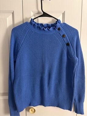 LOFT Cornflower Blue Ruffle Neck Button-Shoulder Sweater